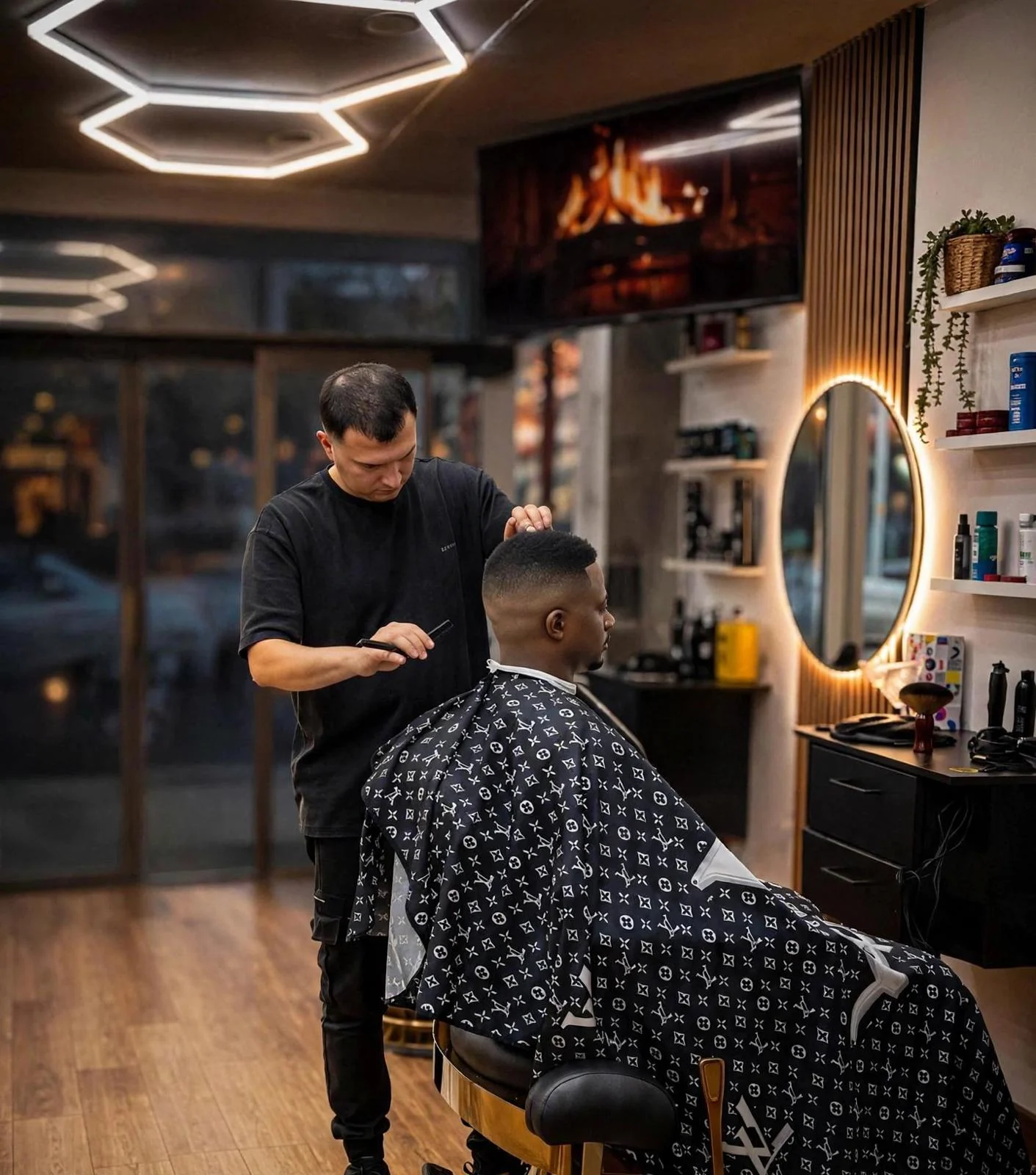 The barber working on a haircut inside LUXURIOUS BARBER ON HAY, with warm timber flooring and geometric ceiling lights.